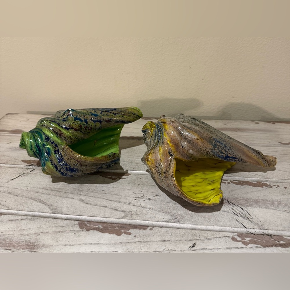 Beautiful Glass Art Conch Shell Sculptures - Set of 2